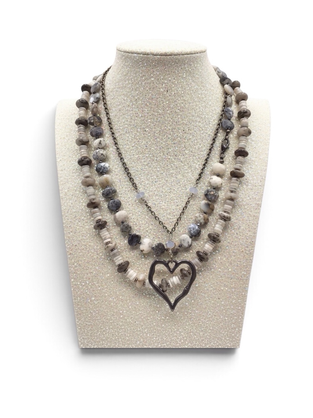 Gemstone Necklace Lot of 3, Gray Neutral Beaded Necklaces, Heart Pendant, Boho